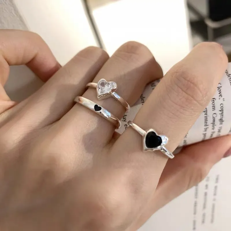 Bague Ouverte en Argent Sterling S925 en Forme de Cœur pour Femme Ajustable Minimaliste Incrustée de Zirconia Bijoux