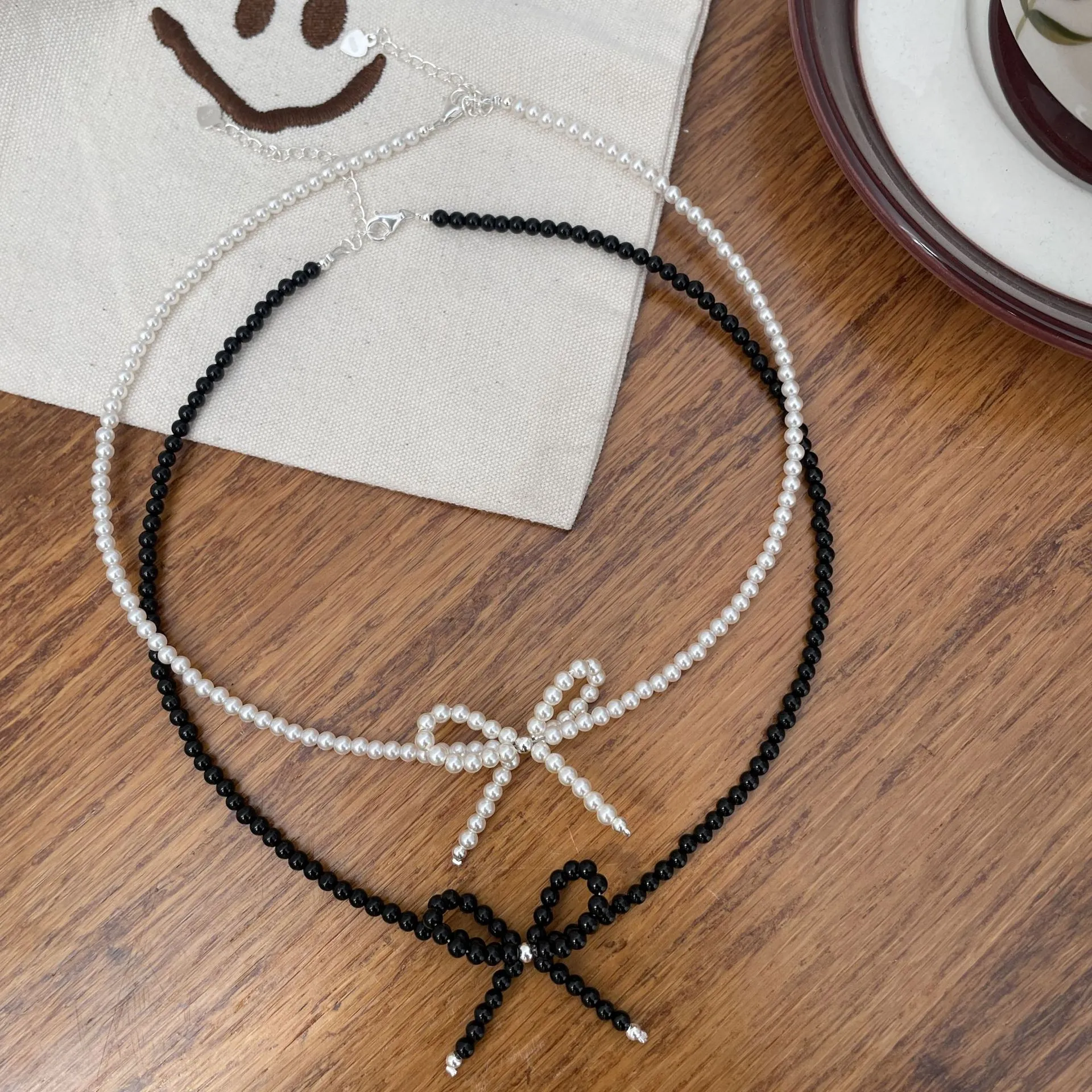 S925 Sterling Silver Bowknot Beaded Necklace Women Korean Sweet Faux Artificial Pearl Black Agate Clavicle Chain Elegant Handmade Jewelry