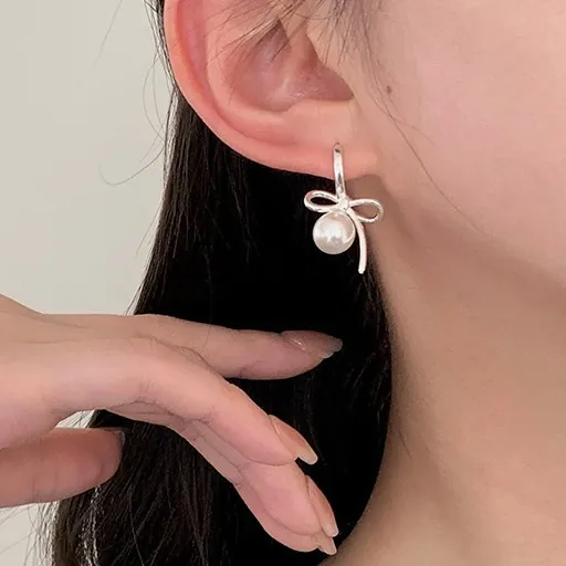 925 Sterling Silver Bowknot Artificial Pearl Earrings For Women Elegant Agate Drop Earrings Korean Sweet Ribbon Jewelry For Wedding Gift