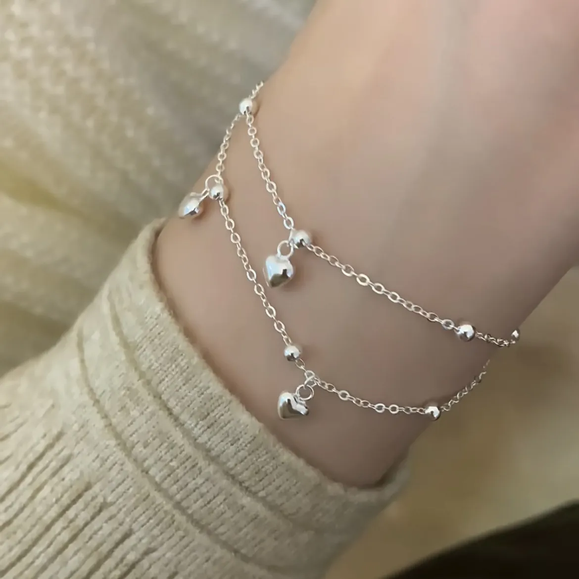 Bracelet Double Couche en Argent Sterling S925 Pour Femme Minimaliste Pendentif Cœur Perles Rondes Bijoux Cadeau Quotidien