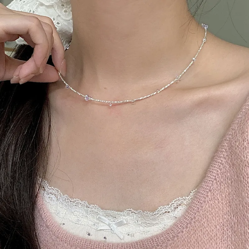 Collier en Argent Sterling 925 Avec Perles de Verre Iridescentes Bijou de Cou Minimaliste Doux Pour Femme Chaîne de Clavicule