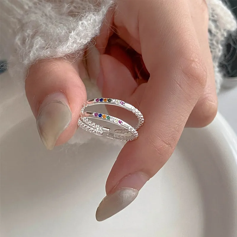 Minimalist S925 Sterling Silver Rainbow Zirconia Open Ring For Women Individual Tiny Colorful Gemstone Adjustable Finger Ring Fashion Jewelry