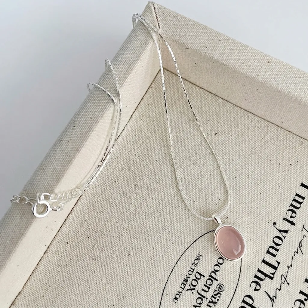 S925 Sterling Silver Pink Chalcedony Pendant Necklace For Women Sweet Oval Natural Stone Snake Chain Elegant Jewelry Gift