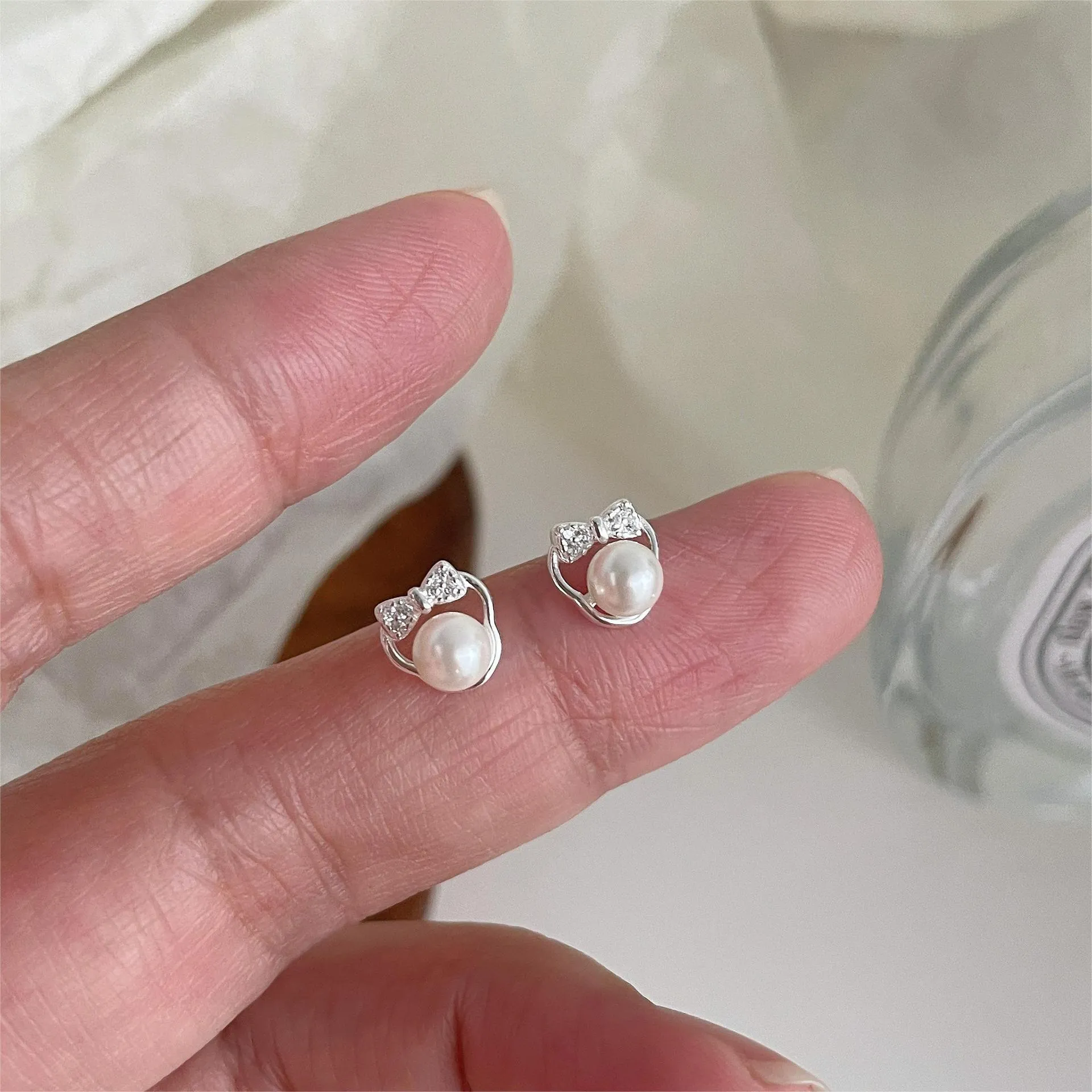 Elegant 999 Silver Bowknot Artificial Pearl Stud Earrings With 925 Sterling Silver Earring Post Sparkling Zirconia Sweet Jewelry Gift