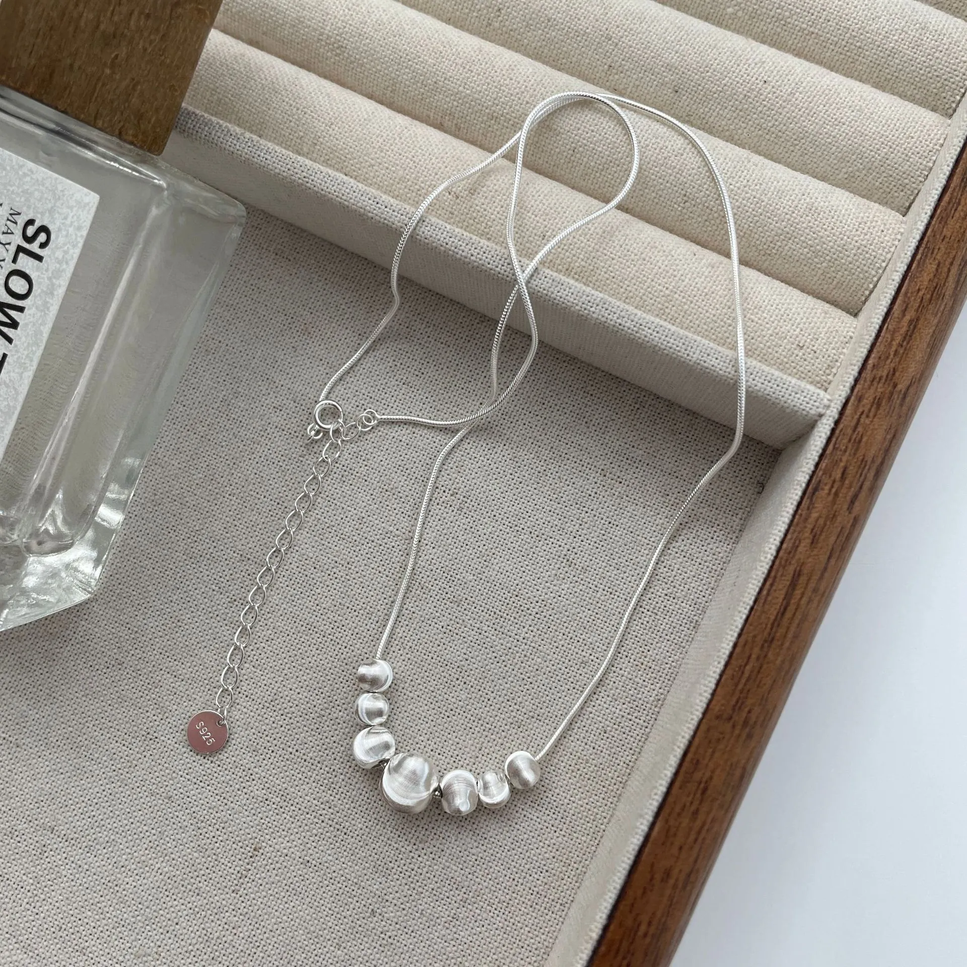925 Sterling Silver Graduated Beads Necklace For Women Minimalist Snake Chain Frosted Polished Bead Choker Light Luxury Jewelry