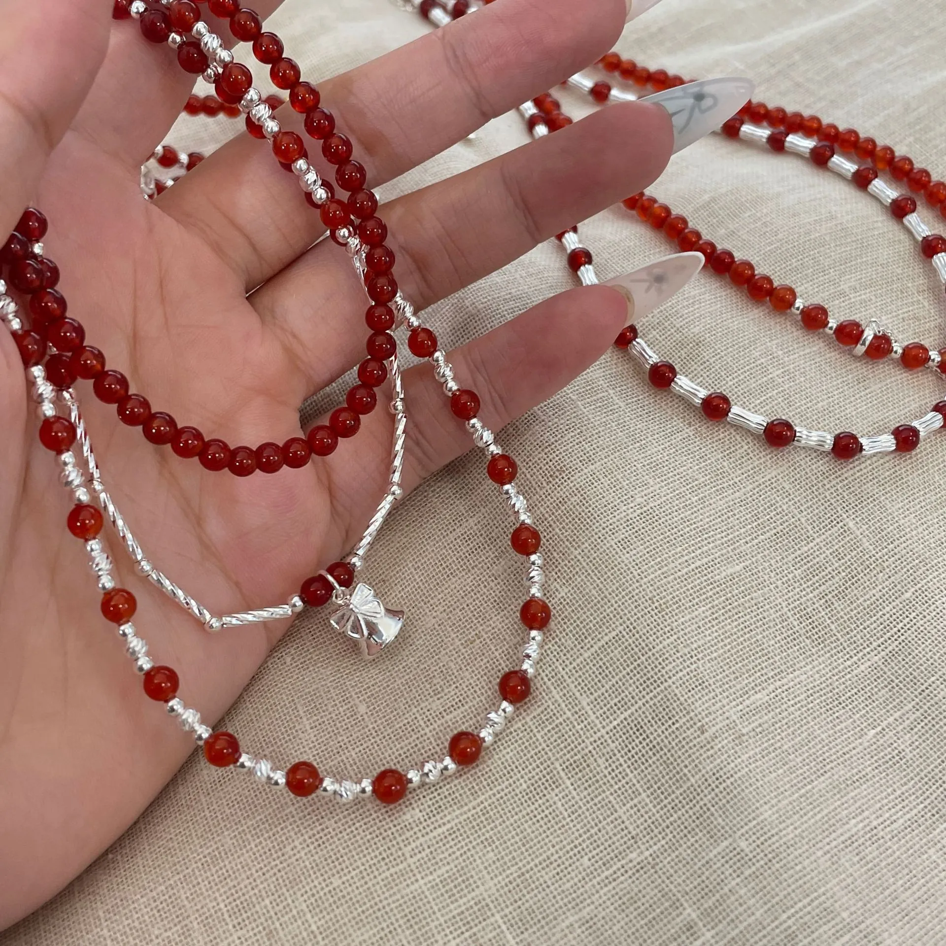 Elegant S925 Sterling Silver Red Agate Bead Necklace For Women Bow Bell Pendant Clavicle Chain Bracelet Jewelry Set For Christmas New Year