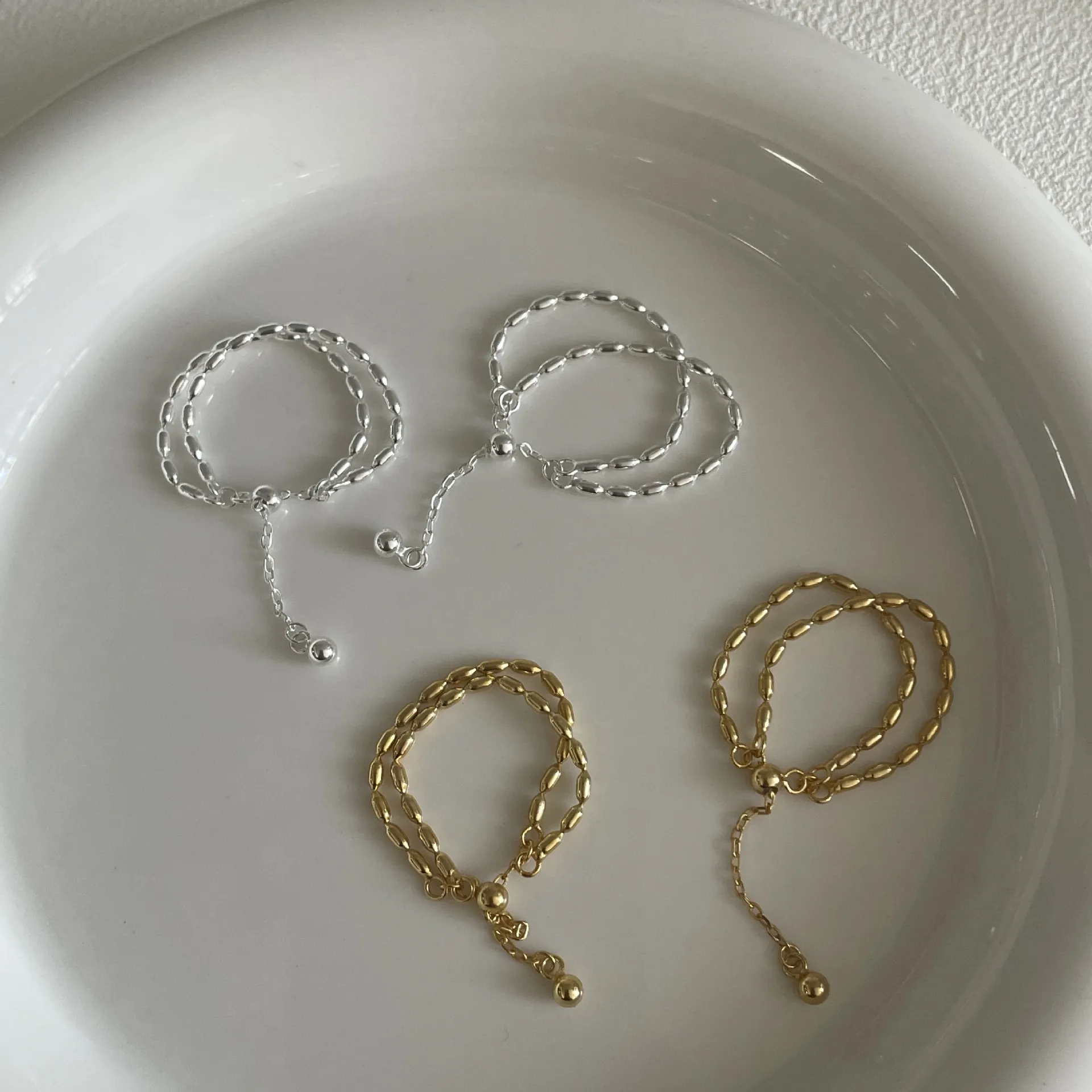 Anello Doppia Catena di Perline in Argento Sterling S925 Donna Stile Francese Regolabile Aperto Gioielli Raffinati Minimalisti