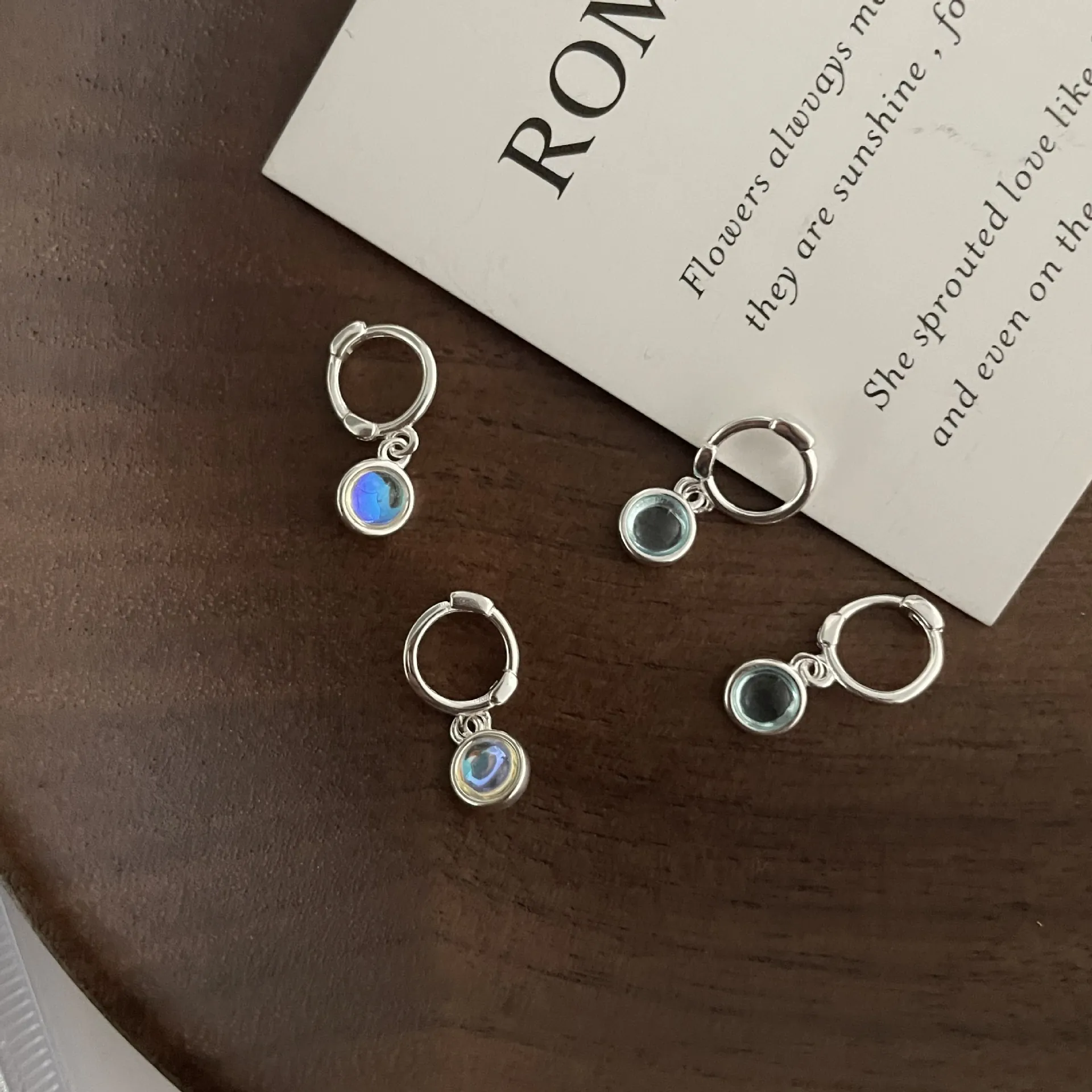 Minimalist 925 Sterling Silver Earring Post Hoop Earrings Round Glass Moonstone Aquamarine Look Pendant Jewelry For Women