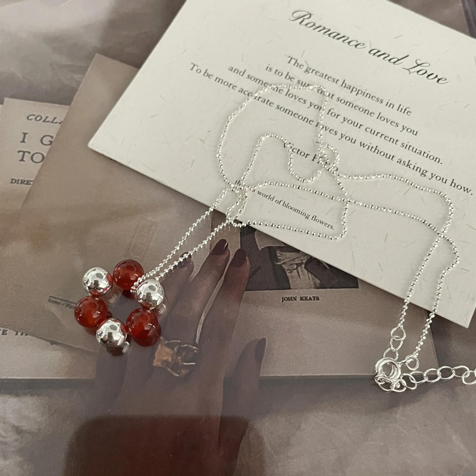 S925 Sterling Silver Agate Pendant Necklace For Women Minimalist Round Ball Geometric Chain Choker Korean Fashion Jewelry Gift