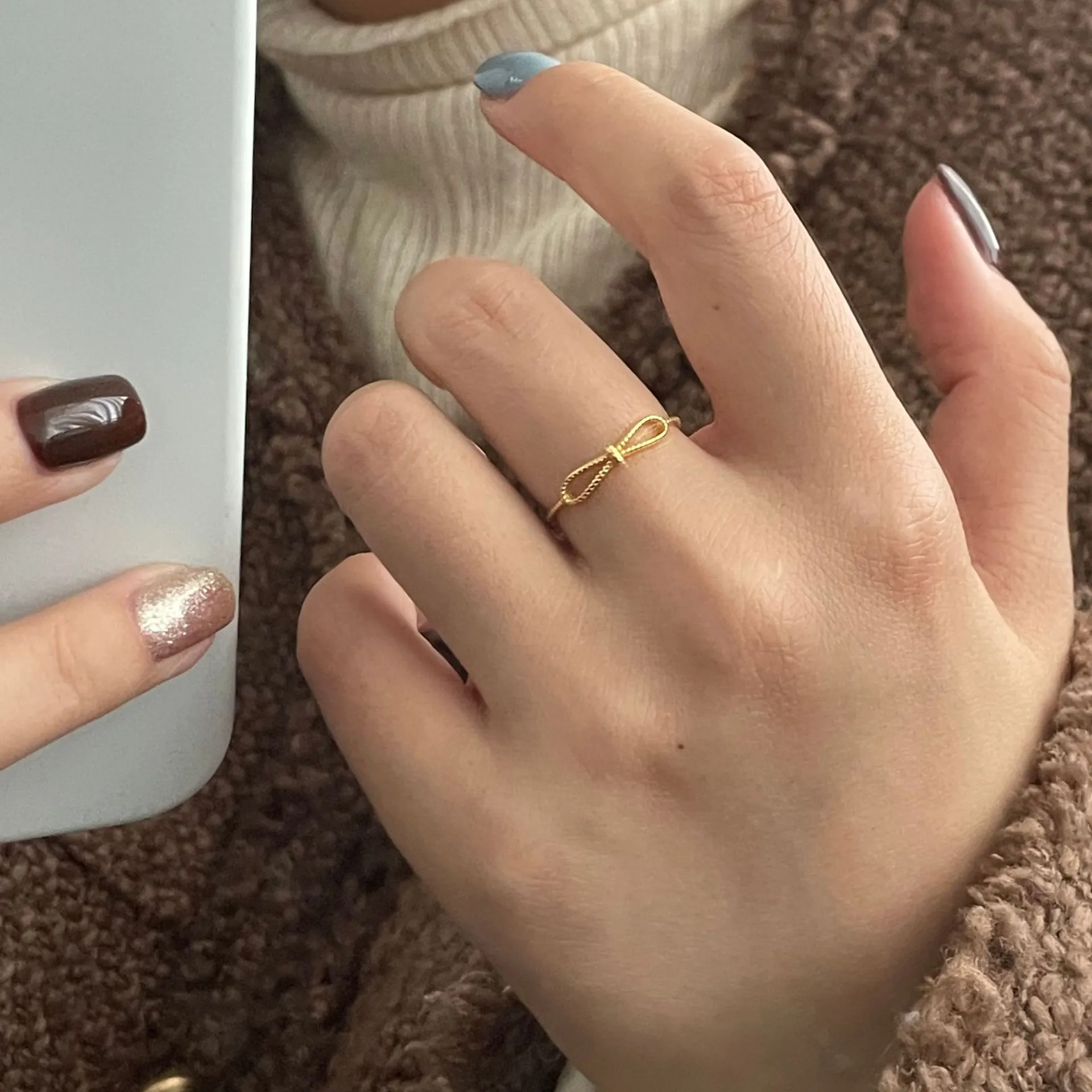 Minimalist 925 Sterling Silver Bowknot Ring For Women Elegant Gold Plated Ribbon Design Fine Finger Ring Jewelry Gift