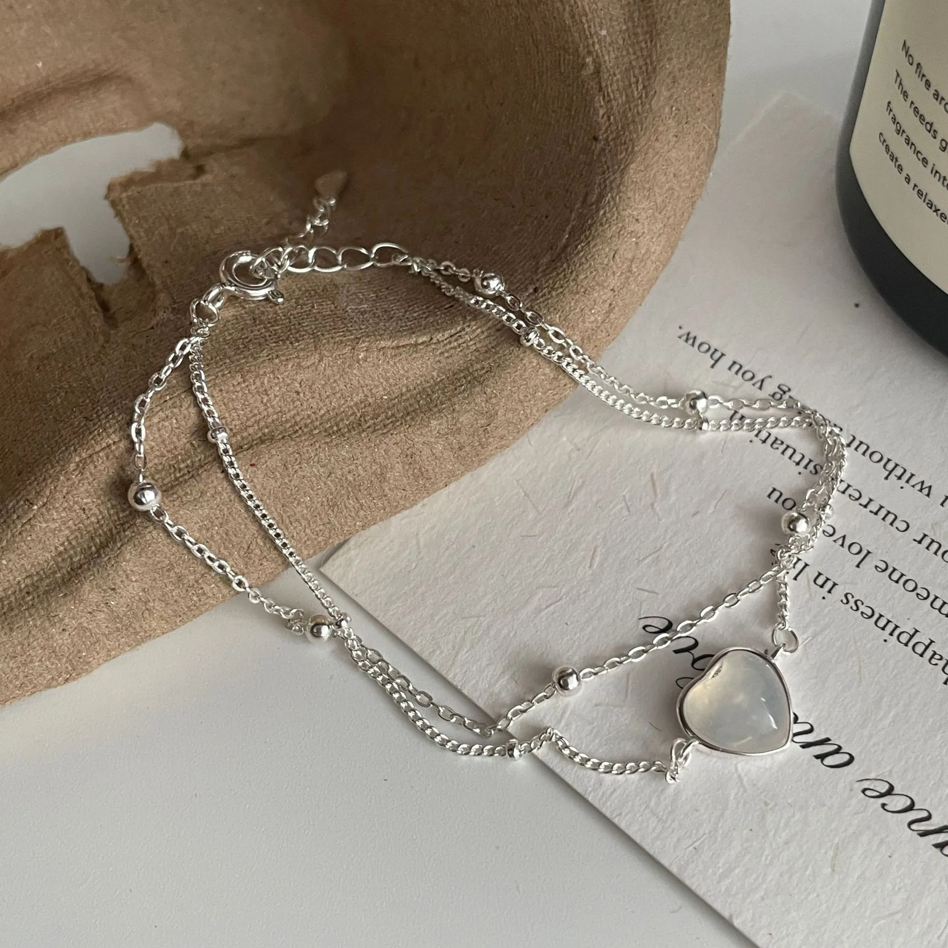 Bracelet Double Couche en Argent Sterling 925 avec Pendentif Cœur en Calcédoine Blanche Style INS Minimaliste pour Femme
