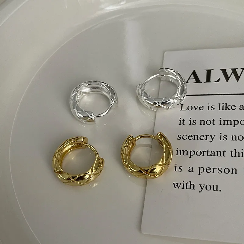 925 Sterling Silver Quilted Pattern Hoop Earrings For Women Minimalist Geometric Gold Silver Plated Fashion Jewelry Gifts