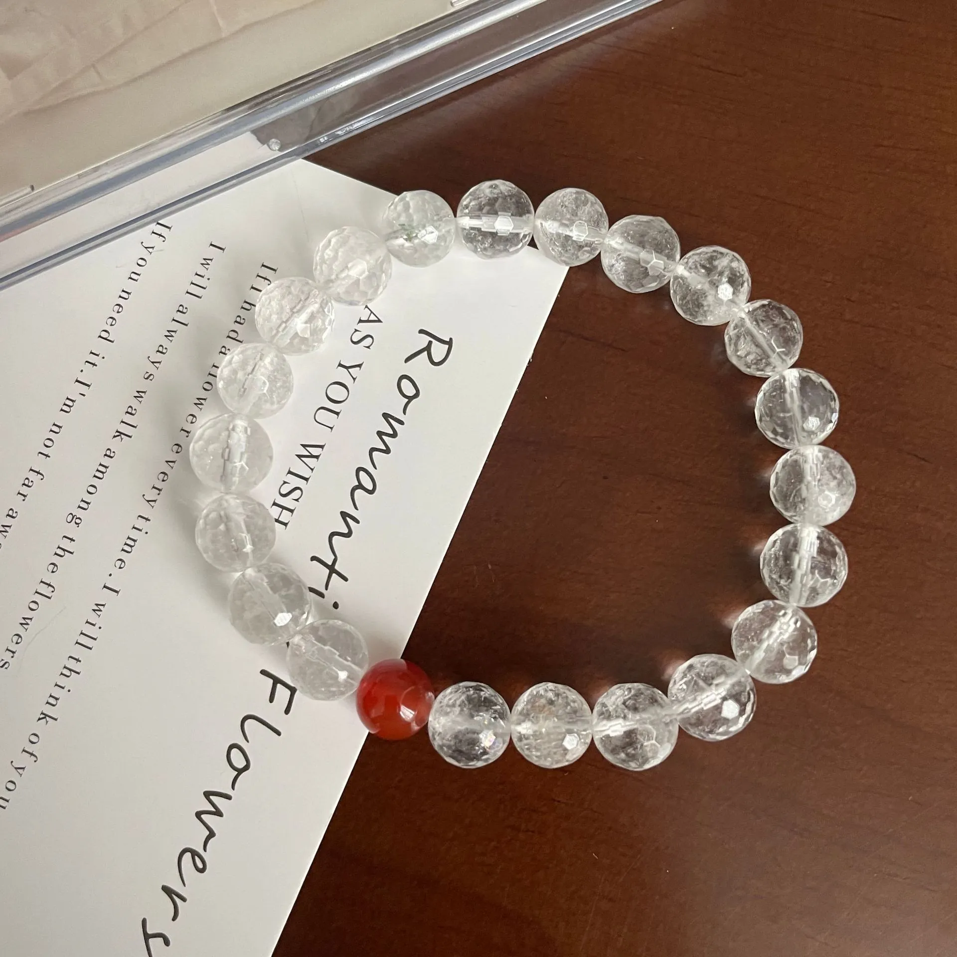 Faceted White Crystal And Red Agate Beaded Bracelet Simple Vintage Korean Style Jewelry For Women Accents