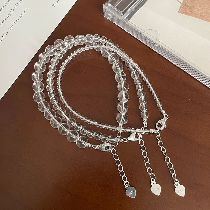 Minimalist S925 Sterling Silver White Crystal Beaded Bracelet For Women Korean Style Transparent Round Bead Adjustable Link Bracelet Fashion Jewelry