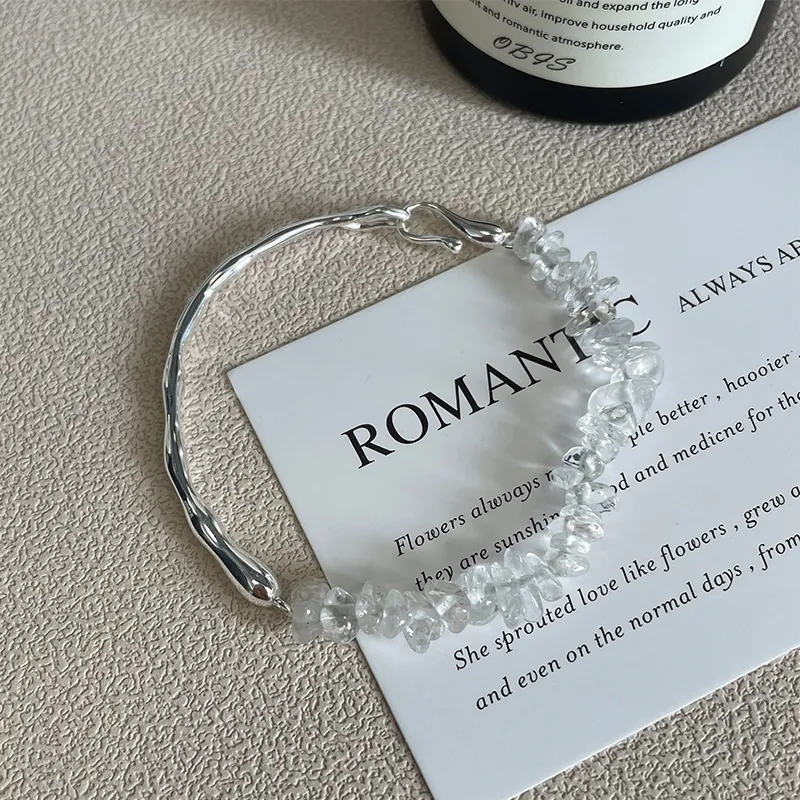 925 Sterling Silver White Crystal Bracelet Korean Style Irregular Metal Bar Shards Splicing Bangle For Women Daily Jewelry
