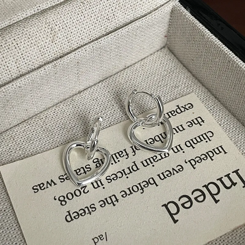 925 Sterling Silver Heart Drop Hoop Earrings For Women Minimalist Korean Style Dainty Plain Silver Jewelry Daily Party Gift