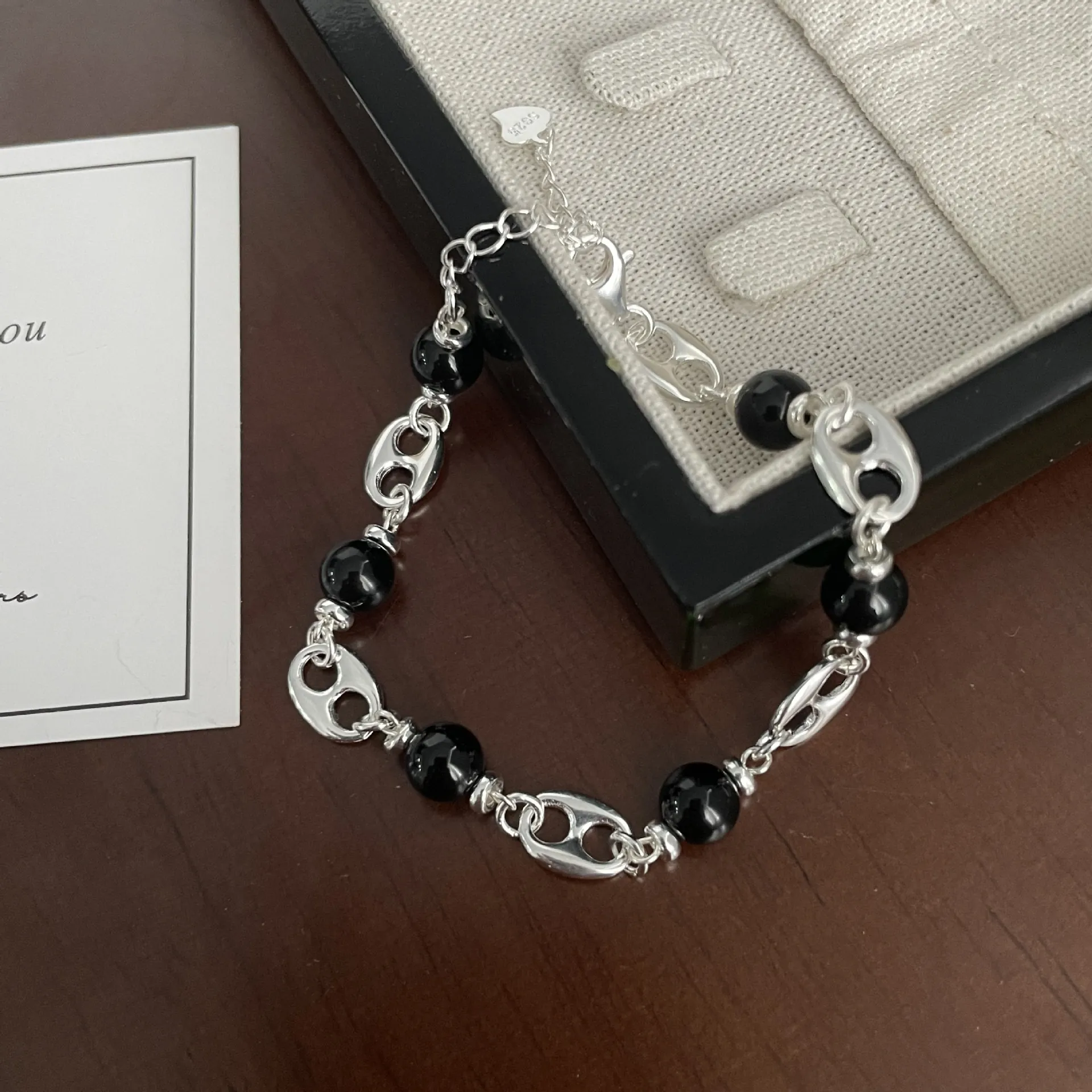 S925 Sterling Silver Pig Nose Link Bracelet Black Agate Beads Minimalist Niche Design Adjustable Fashion Jewelry For Women Gift