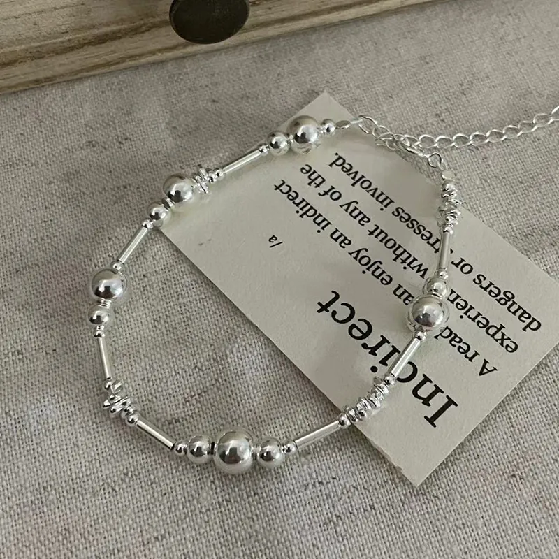 S925 Argent Sterling Bracelet Perles pour Femmes Coréen Minimaliste Perle Ronde Tube Bracelet Pendentif Coeur Bijoux Réglable