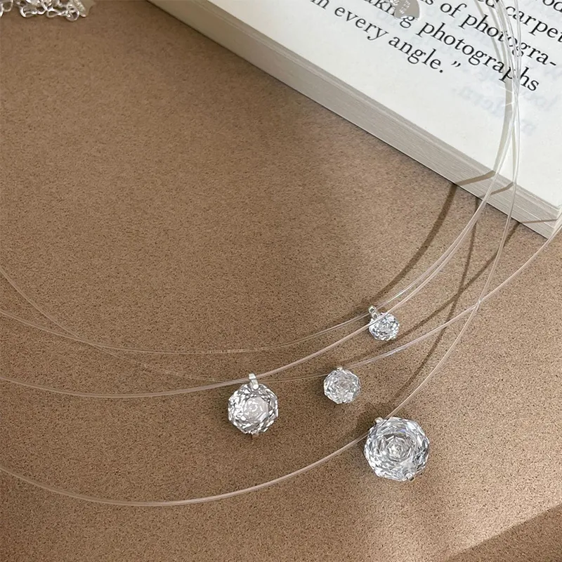 Minimalist Invisible Necklace 925 Sterling Silver Clavicle Chain Transparent Line Rose Cut Round Zirconia Elegant Jewelry For Women Daily Style