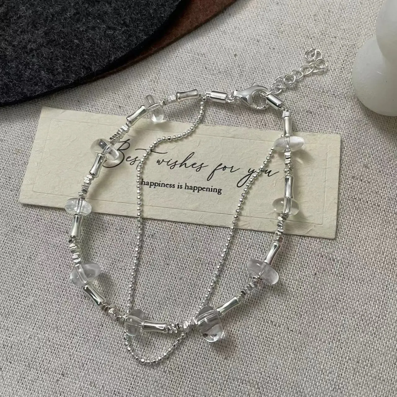 925 Sterling Silver Double Layer Beaded Bracelet With White Crystal Irregular Geometric Korean Fashion Jewelry For Women Everyday Wear