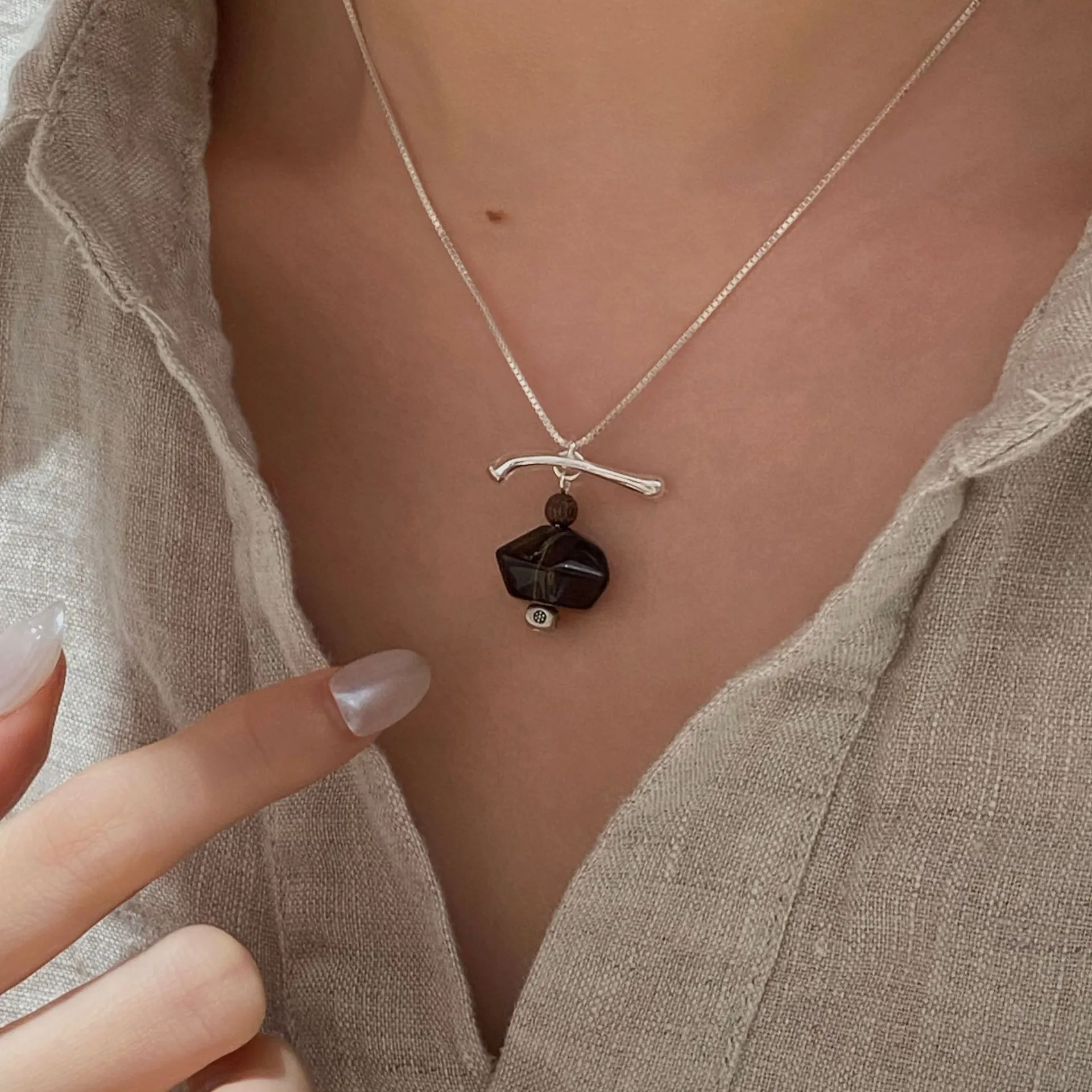 S925 Sterling Silver Smoky Quartz Geometric Pendant Necklace Minimalist Retro Wood Bead Clavicle Chain Jewelry For Women
