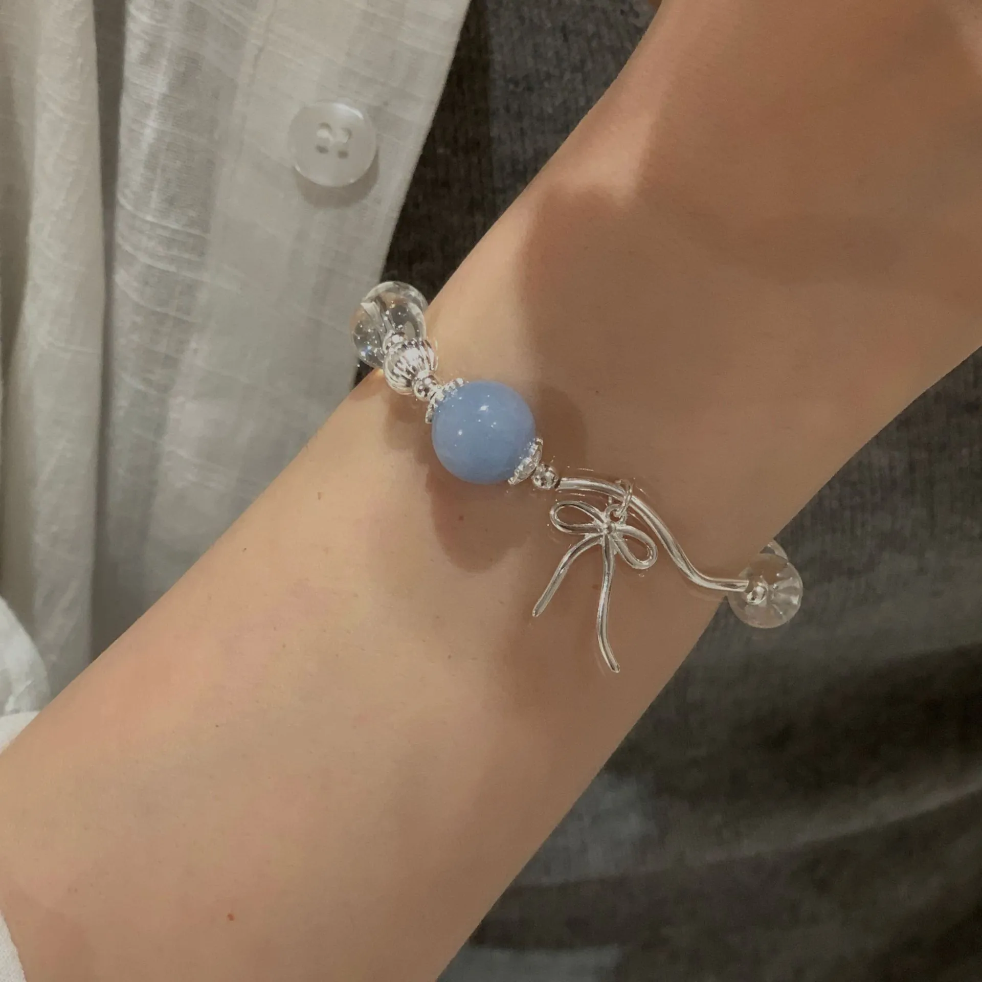S925 Sterling Silver Aquamarine White Crystal Beaded Bracelet For Women Simple Bow Pendant Korean Fashion Hand Jewelry