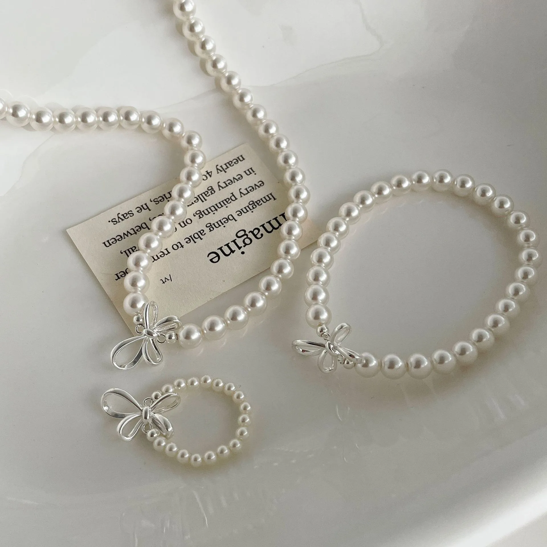 Sweet S925 Sterling Silver Bowknot Imitation Artificial Pearl Necklace Elegant Bow Pendant Jewelry For Women Wedding Party Daily