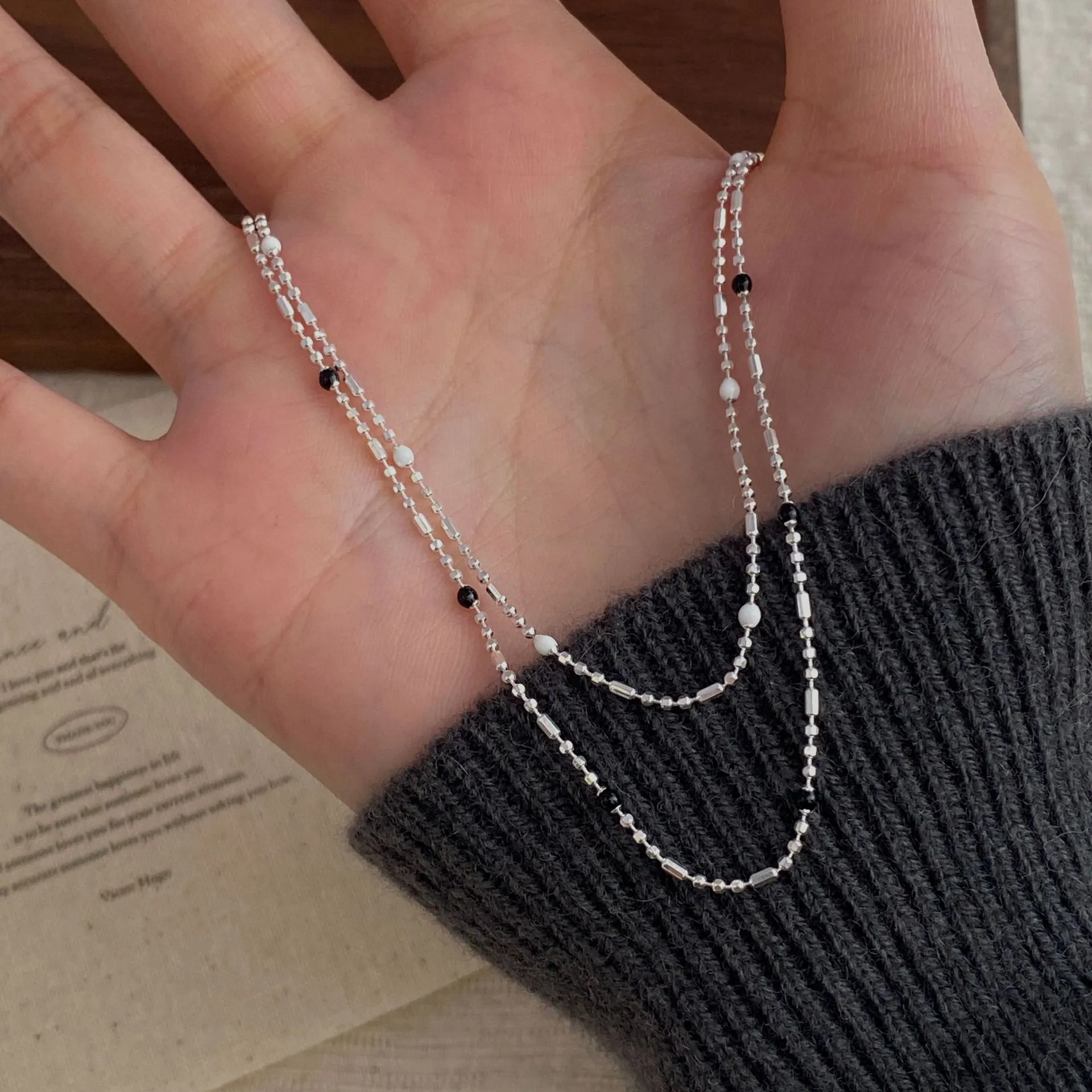 S925 Sterling Silver Round Ball Pendant Necklace Minimalist Enamel Black White Bead Clavicle Chain For Women Jewelry Elegant Accessories