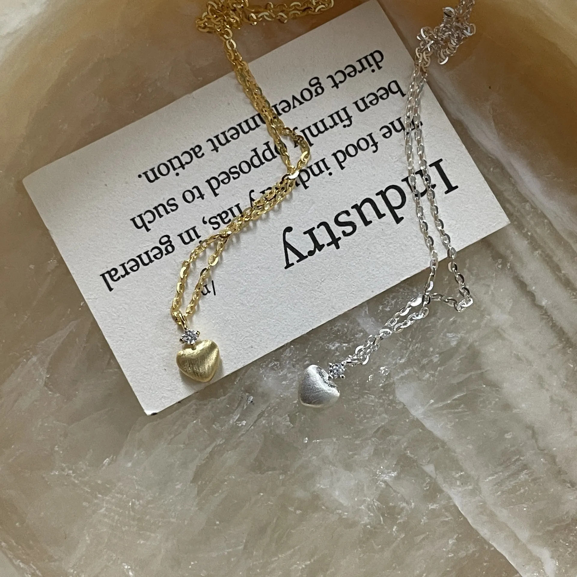 Collana con Ciondolo a Cuore in Argento Sterling 925 per Donna Stile Coreano Minimalista Texture Spazzolata Strass Gioielli
