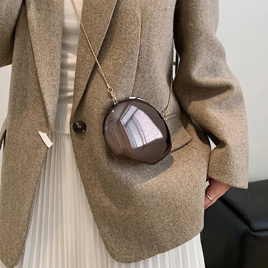 Acrylic Mirror Finish Oval Evening Clutch Bag For Women Electroplated Metallic Banquet Party Chain Shoulder Bag