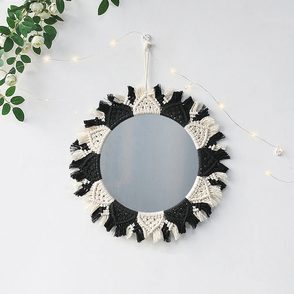 Boho Macrame Wall Hanging Mirror Handmade Cotton Rope Woven Geometric Decorative Mirror For Bedroom Living Room Home Decor