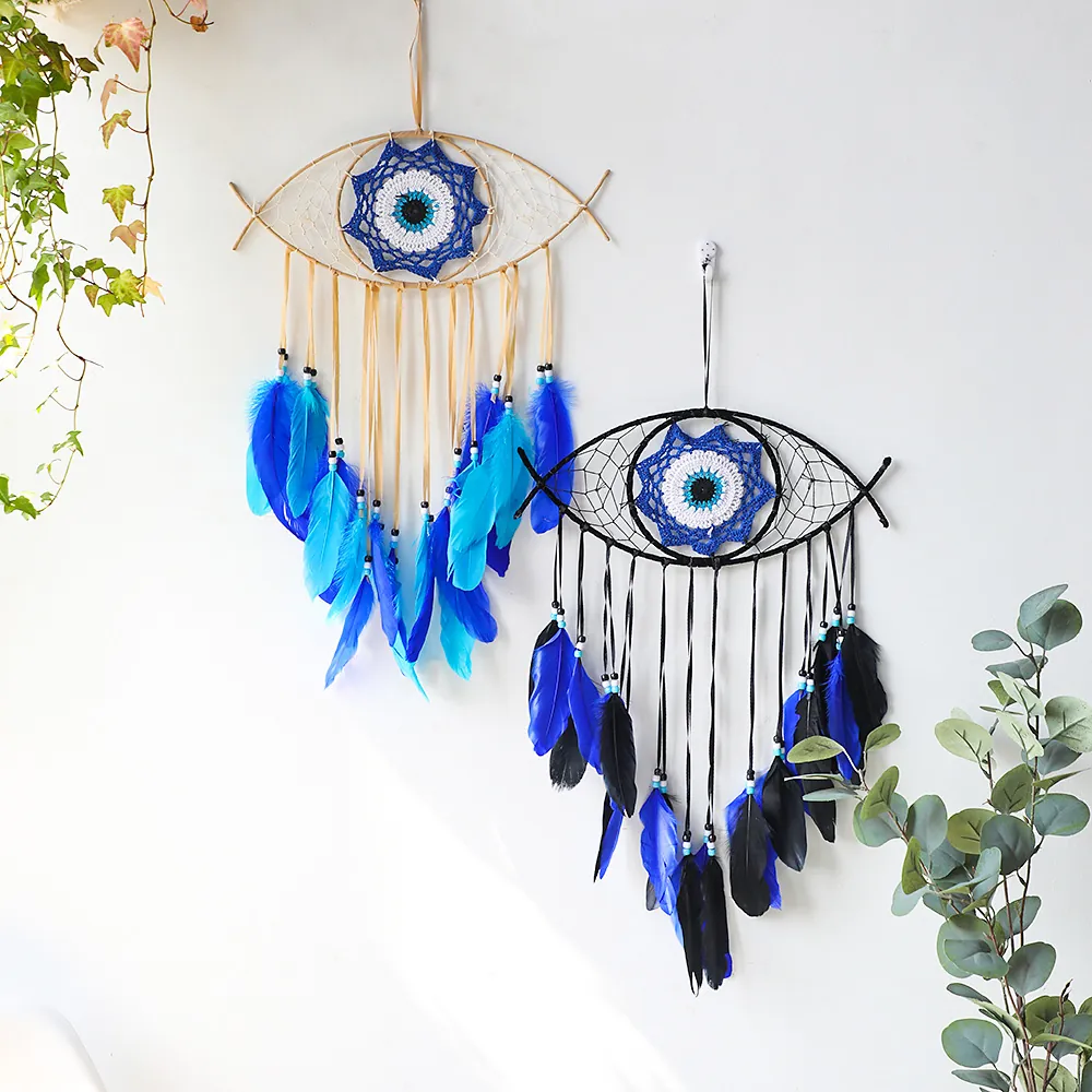 Boho Evil Eye Dream Catcher Wall Hanging Decor Hand Woven Feather Pendant Cotton Beads For Bedroom Living Room Ornament