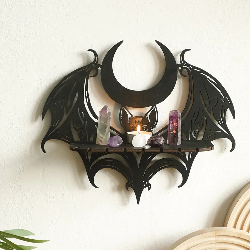 Gothic Wooden Bat Moon Wall Shelf Hollow Out Black Hanging Crystal Display Storage Rack For Halloween Home Bedroom Decoration