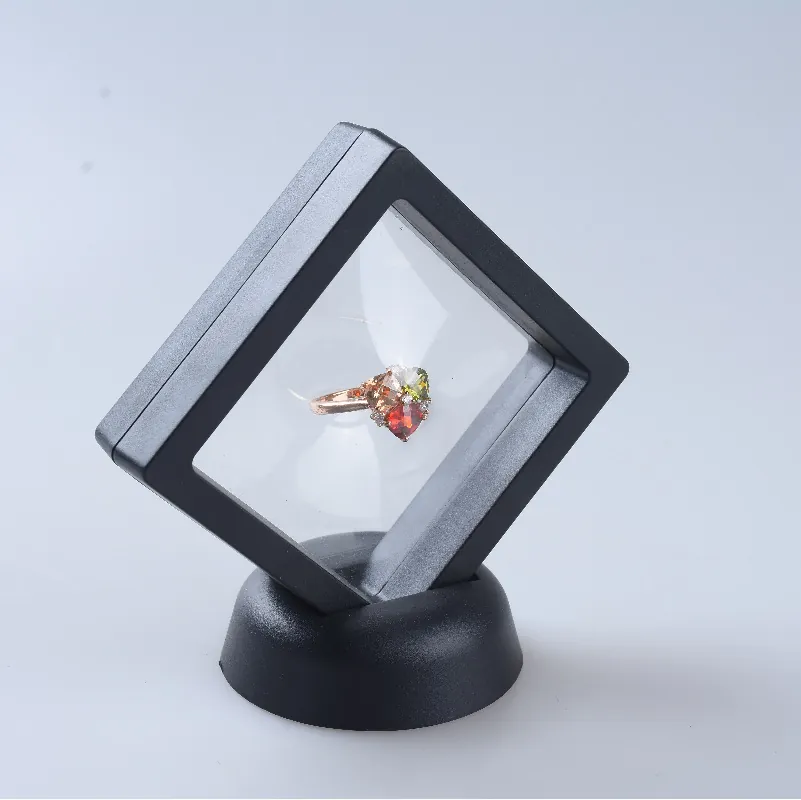 3D Floating Jewelry Display Box PE Film Transparent Frame With Base For Ring Earring Coin Medal Storage Case Holder