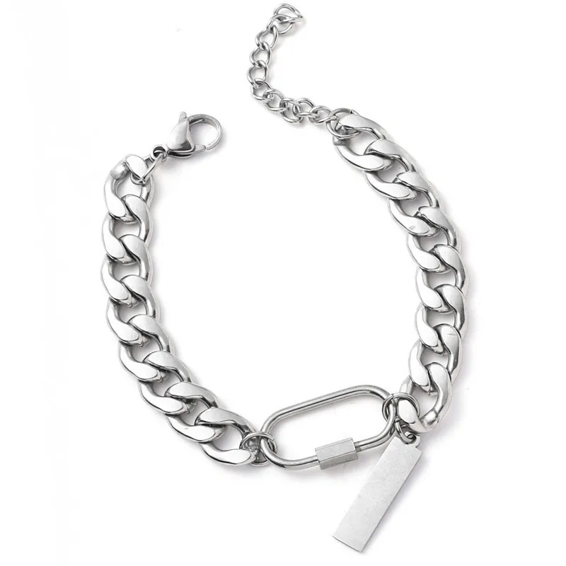 Men Titanium Steel Carabiner Cuban Chain Bracelet Hip Hop Punk Streetwear Jewelry With Rectangular Tag Silver Color