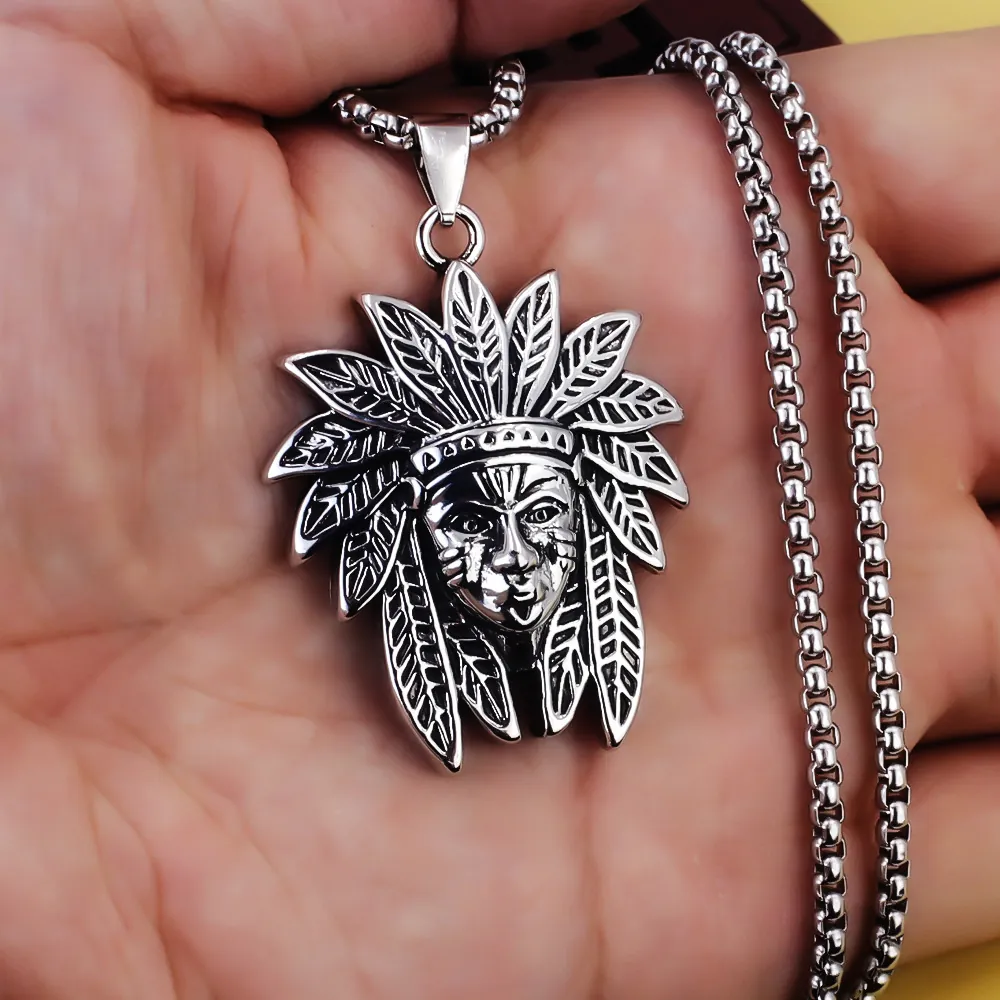 Collar de Colgante de Cabeza de Jefe Indio de Acero Inoxidable para Hombre Retro Punk Tribal Lobo Águila Joyería de Animal
