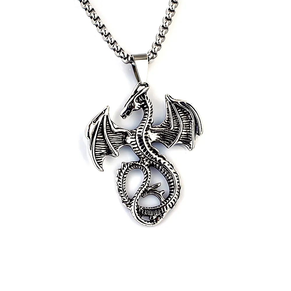 Gothic Stainless Steel Dragon Pendant Necklace For Men Women Punk Rock Mythical Animal Cross Skull Pendant Box Chain Jewelry