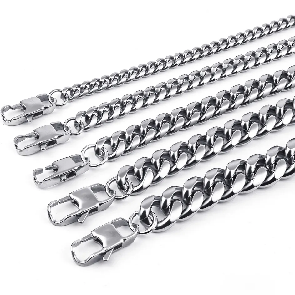 Punk Titanium Steel Cuban Link Chain Bracelet Necklace For Men Women Hip Hop Heavy Metal Jewelry Silver Color Gift