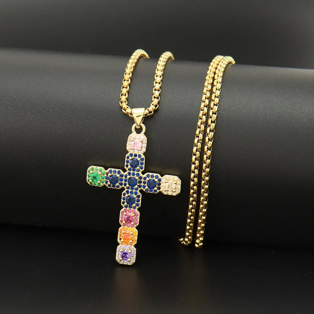 Hip Hop Multicolor Zirconia Cross Pendant Necklace Copper 18K Gold Plated Colorful Gemstone Inlaid Box Chain Necklace Jewelry Gift For Men Women