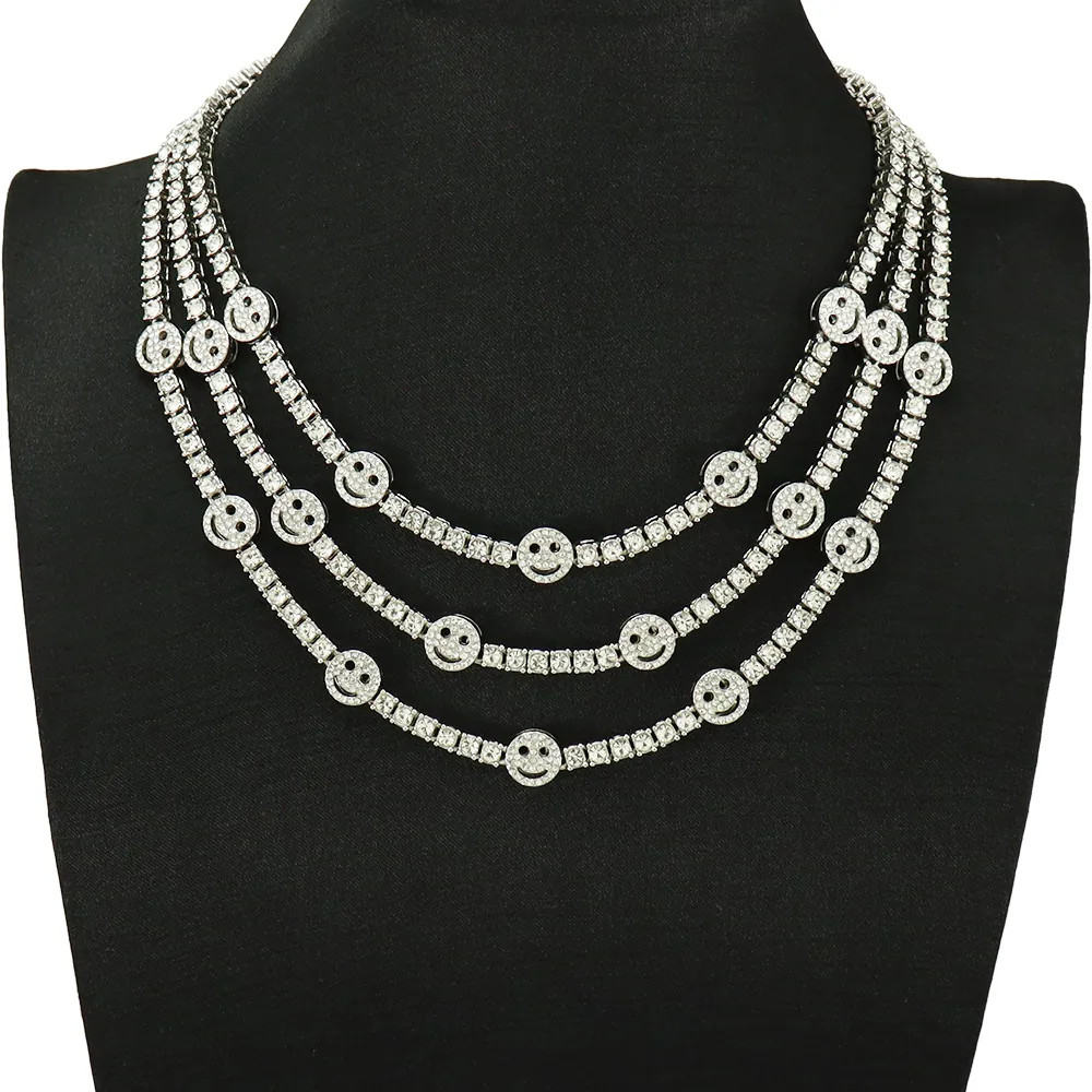 Hip Hop Iced Out Tennis Chain Necklace With Smiley Face Alloy Rhinestone Pendant For Men Women Streetwear Jewelry