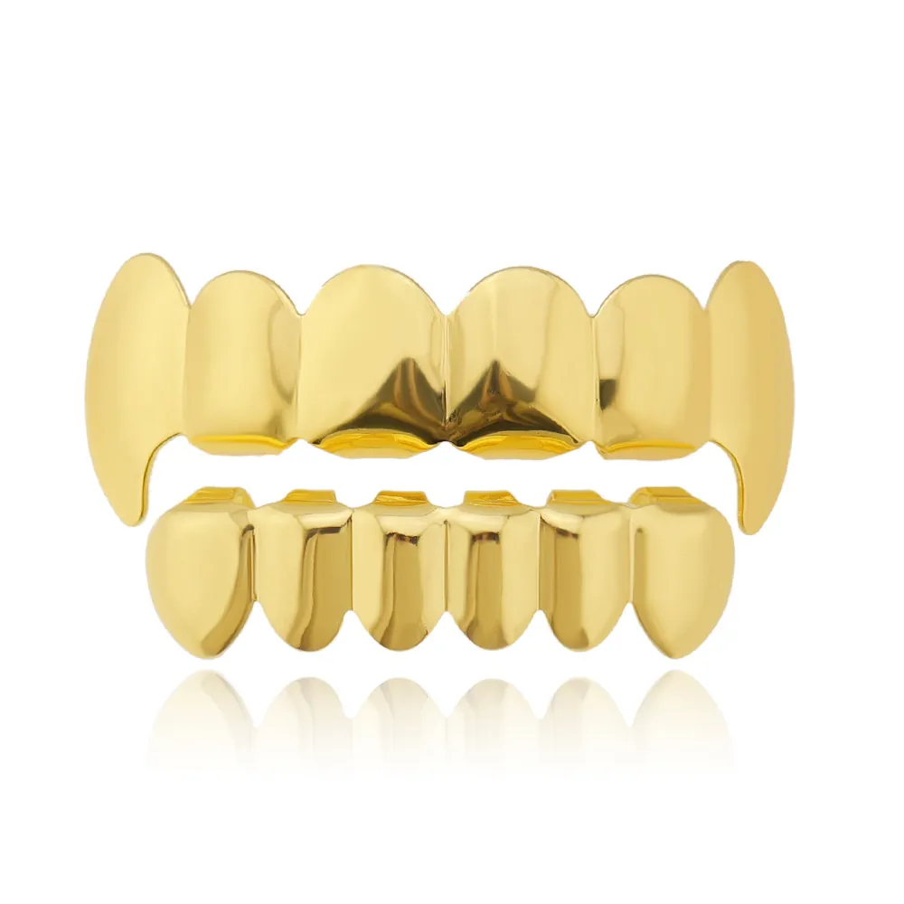 Hip Hop Vampire Fangs Teeth Grillz Copper Real Gold Plated Top Bottom Combo Rapper Punk Party Body Jewelry Accessory