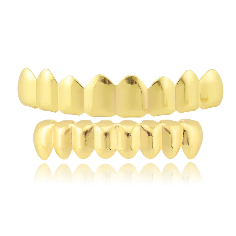 Hip Hop Teeth Grillz Smooth Surface Copper Gold Plated Mouth Grills Top And Bottom Teeth For Rappers Men Women Body Jewelry