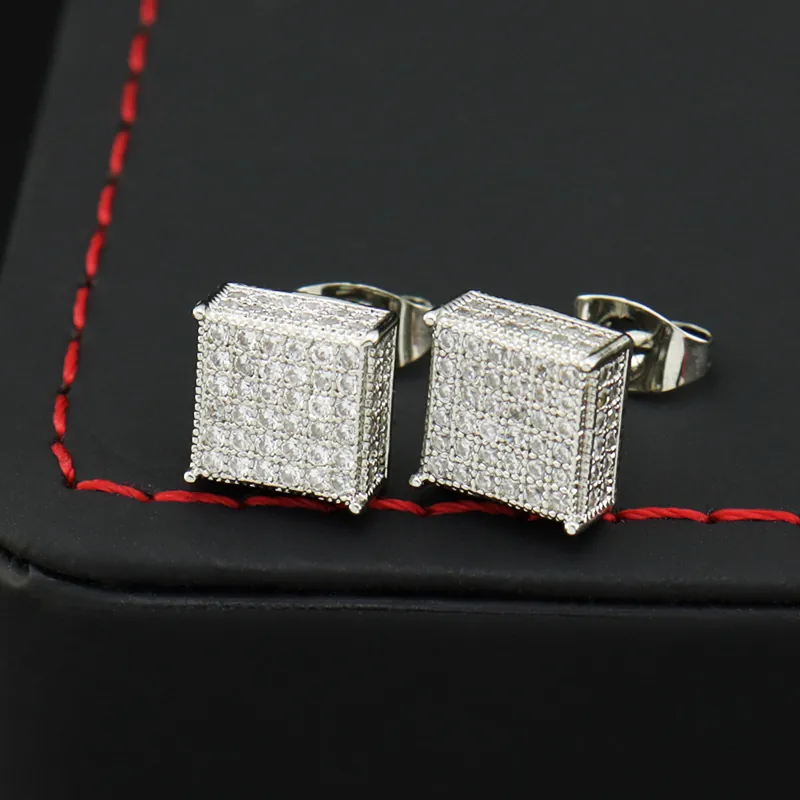 Hip Hop Iced Out Square Zirconia Stud Earrings For Men Women Geometric Bling Copper Gold Silver Plated Ear Jewelry
