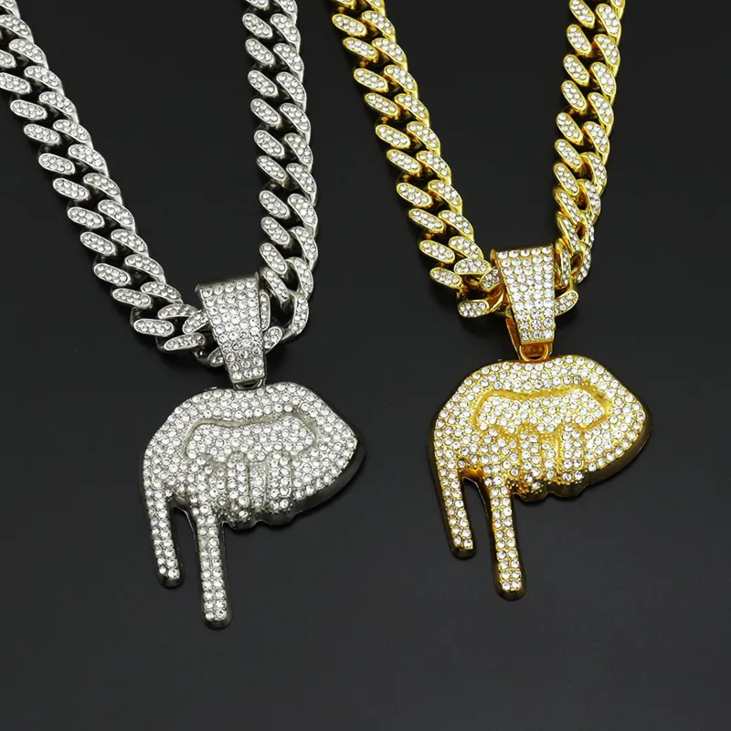 Collier Pendentif Lèvres Dégoulinantes Hip Hop Alliage Strass Chaîne Maillons Cubains Corde pour Homme Femme Bijoux