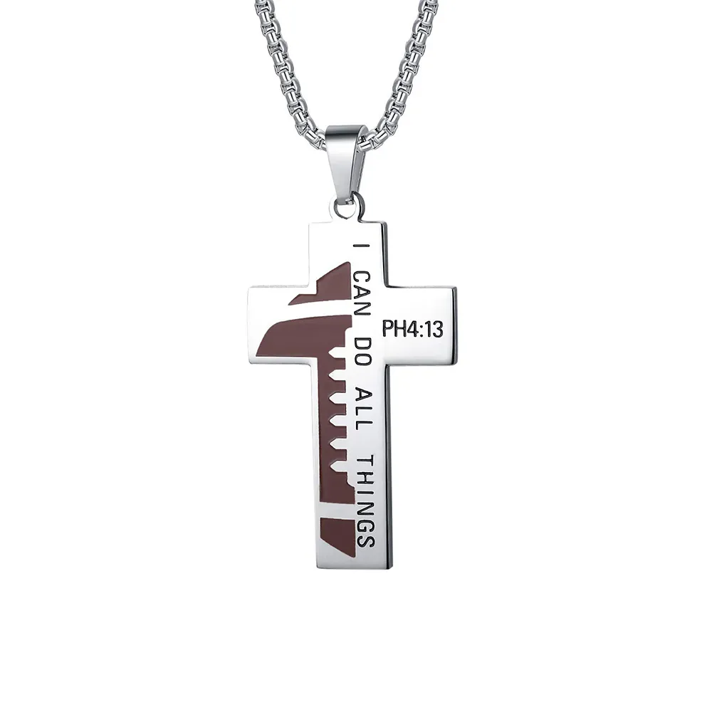 Stainless Steel Football Cross Pendant Necklace Bible Verse I Can Do All Things Ph 4 13 Religious Sports Jewelry Men Women
