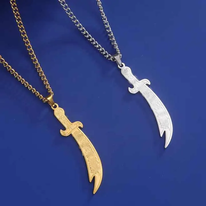 Stainless Steel Zulfiqar Scimitar Sword Pendant Necklace Vintage Engraved Imam Ali Amulet Jewelry For Men Women Necklaces