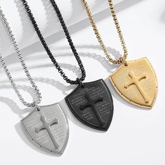 Men's Stainless Steel Shield Cross Pendant Necklace Religious Bible Verse Personalized Jewelry Gift Silver Black Gold