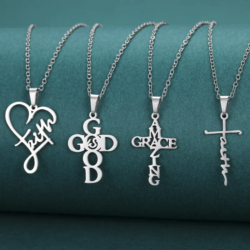 Stainless Steel Cross Pendant Necklace For Unisex Silver Faith Heart Letter Pendant Religious Daily Fashion Jewelry Gifts