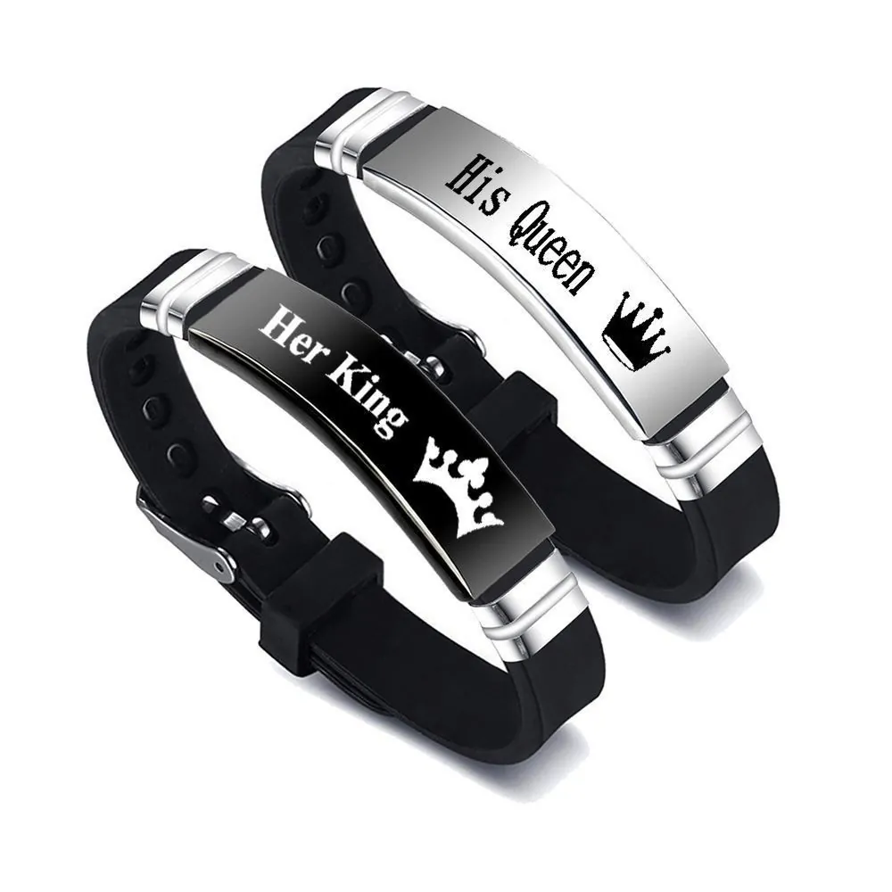 Romantic Couples Silicone Stainless Steel His Queen Her King ID Plate Adjustable Sport Wristband Bracelet Lovers Gift