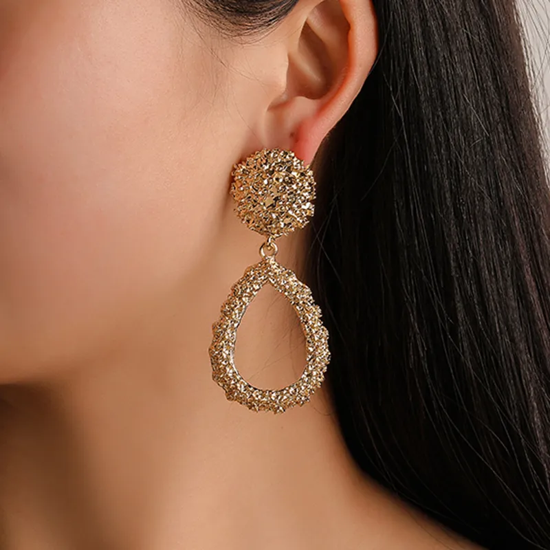 Fashion Alloy Hammered Texture Teardrop Dangle Earrings With Stainless Steel Earring Post Large Boho Drop Earrings For Women